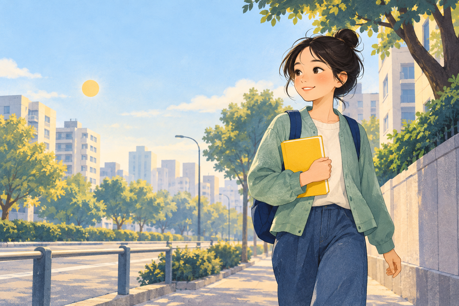 Teacher Mei walks to school carrying a yellow book in the morning