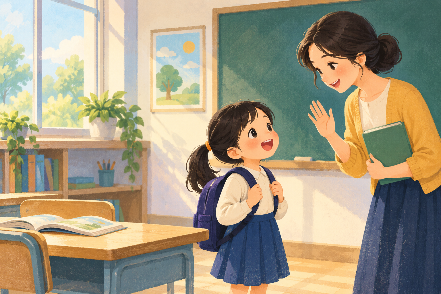 Xiao Ming greets Teacher Mei in a bright classroom