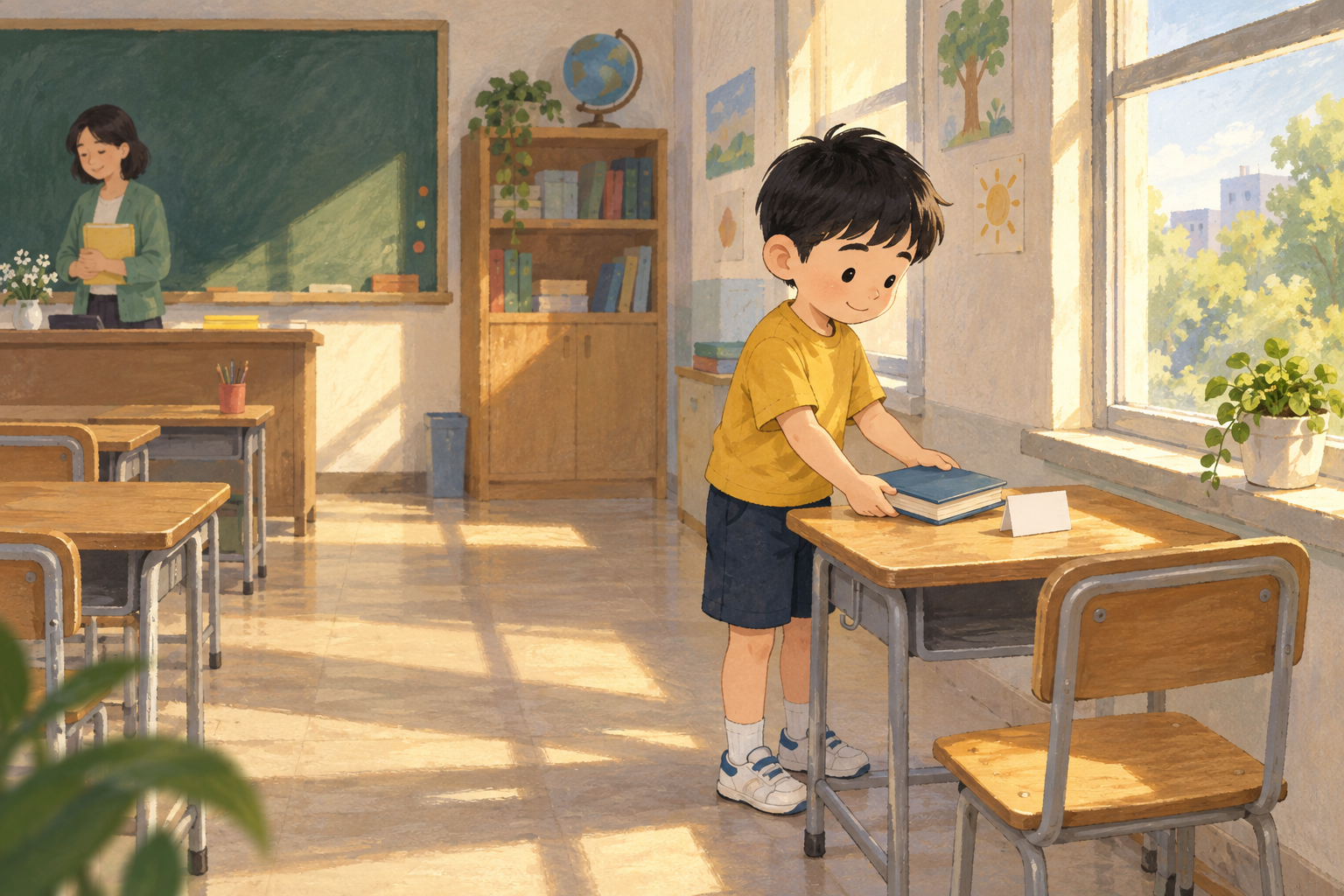 Morning light crosses an empty window seat as Xiao Ming places a book and a small welcome note there