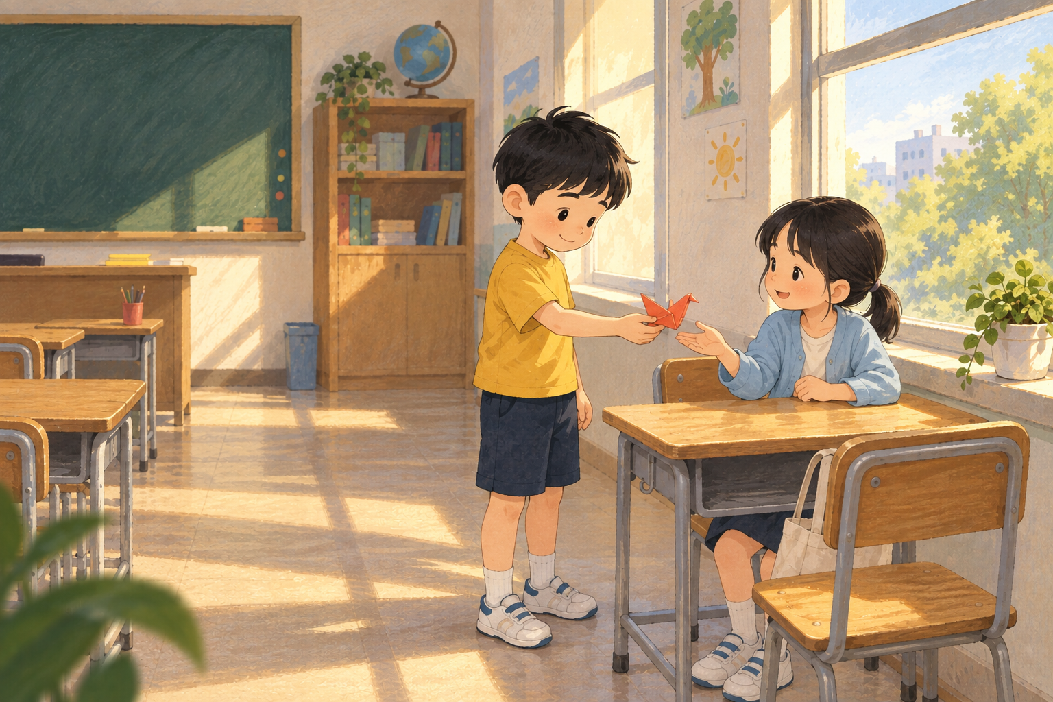 Xiao Ming offers a coral-red folded paper bird to Xiao Yu at the window seat