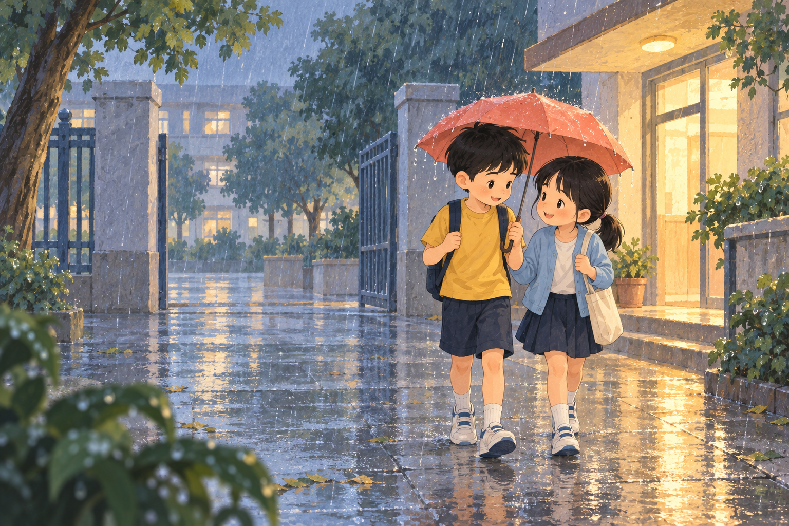 Xiao Ming and Xiao Yu share a small umbrella in blue-gray rain outside the school
