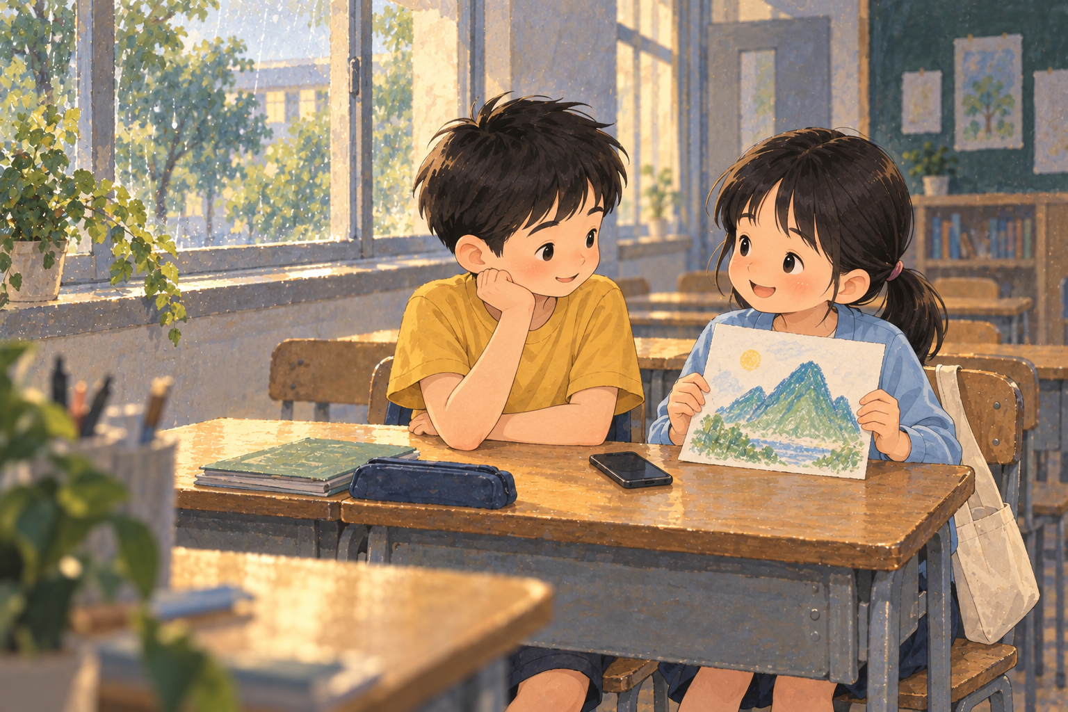 Xiao Yu holds up a simple mountain drawing while Xiao Ming sits beside her and a phone rests between them