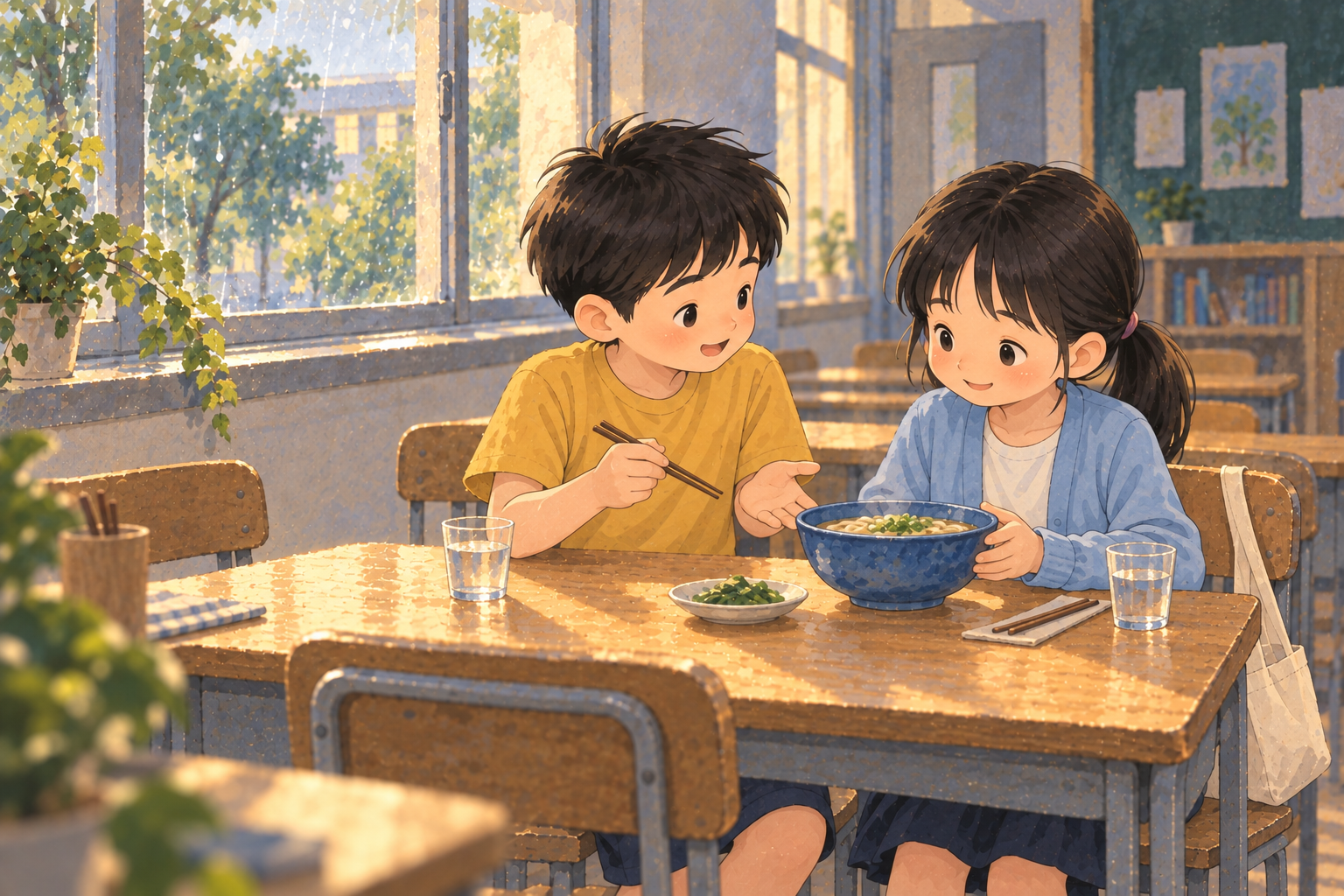 A blue bowl of noodles sits between Xiao Ming and Xiao Yu at a small table in afternoon light