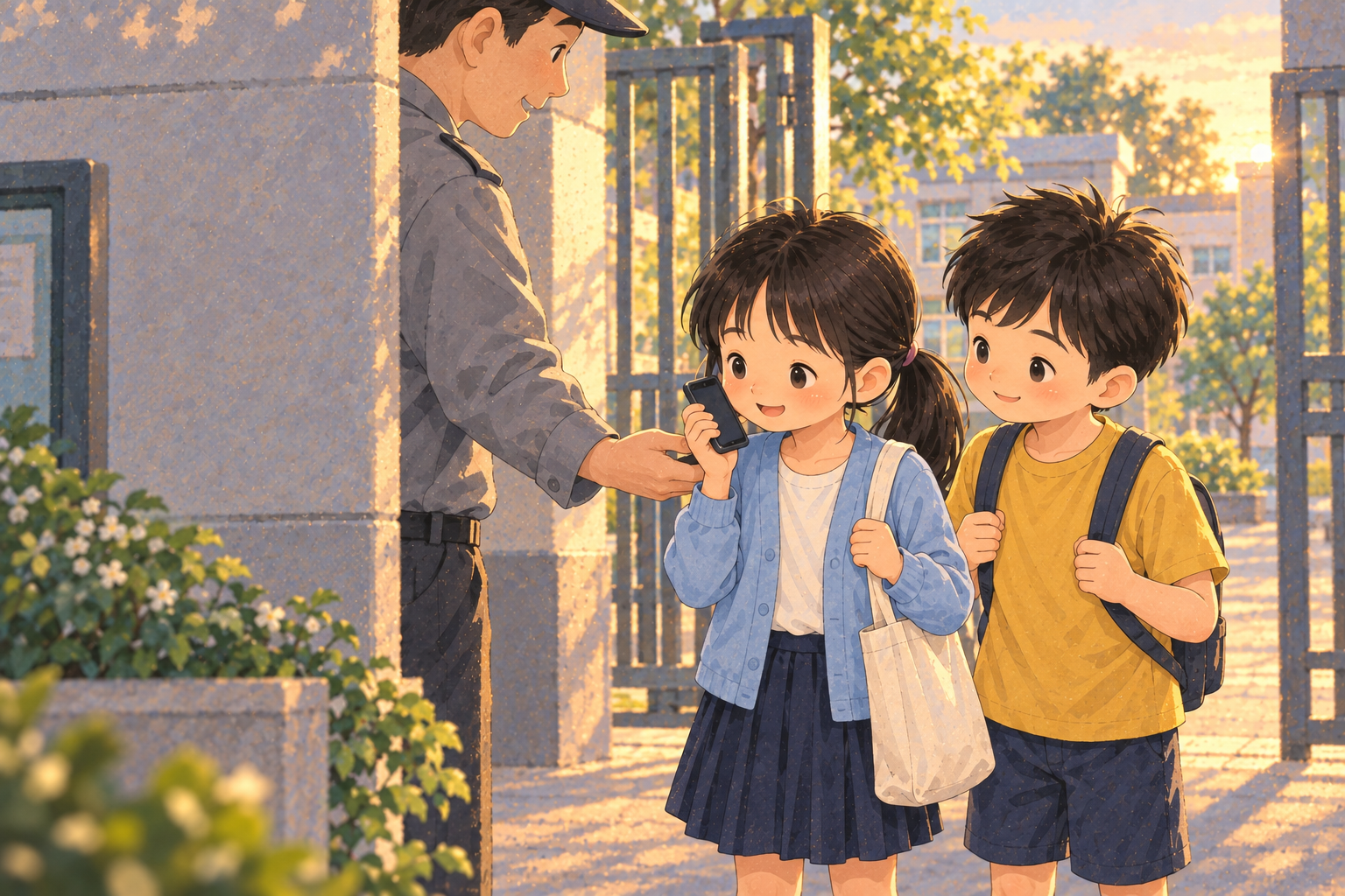 At the school entrance an adult holds out a phone while Xiao Yu speaks and Xiao Ming waits close by