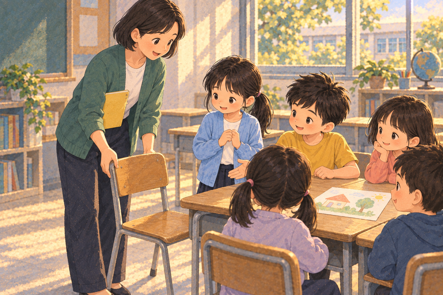 Teacher Mei and the classmates gather around Xiao Yu's drawing and welcome her into their group
