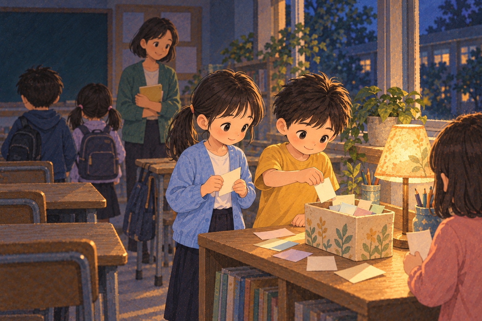 In a twilight classroom, blank paper slips gather beneath a warm amber lamp