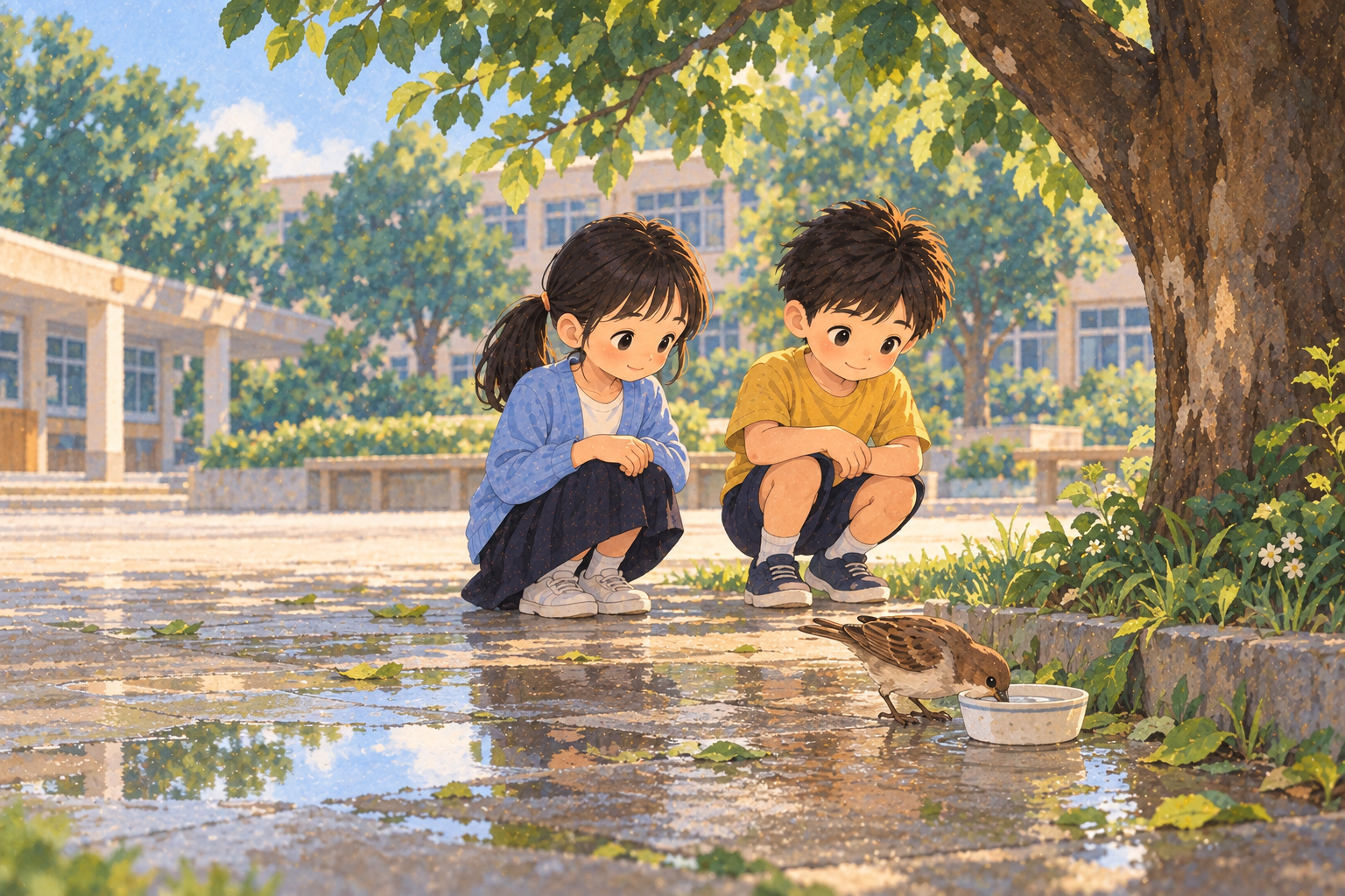 A small bird drinks from a cup on the school ground while Xiao Ming and Xiao Yu wait nearby under a tree