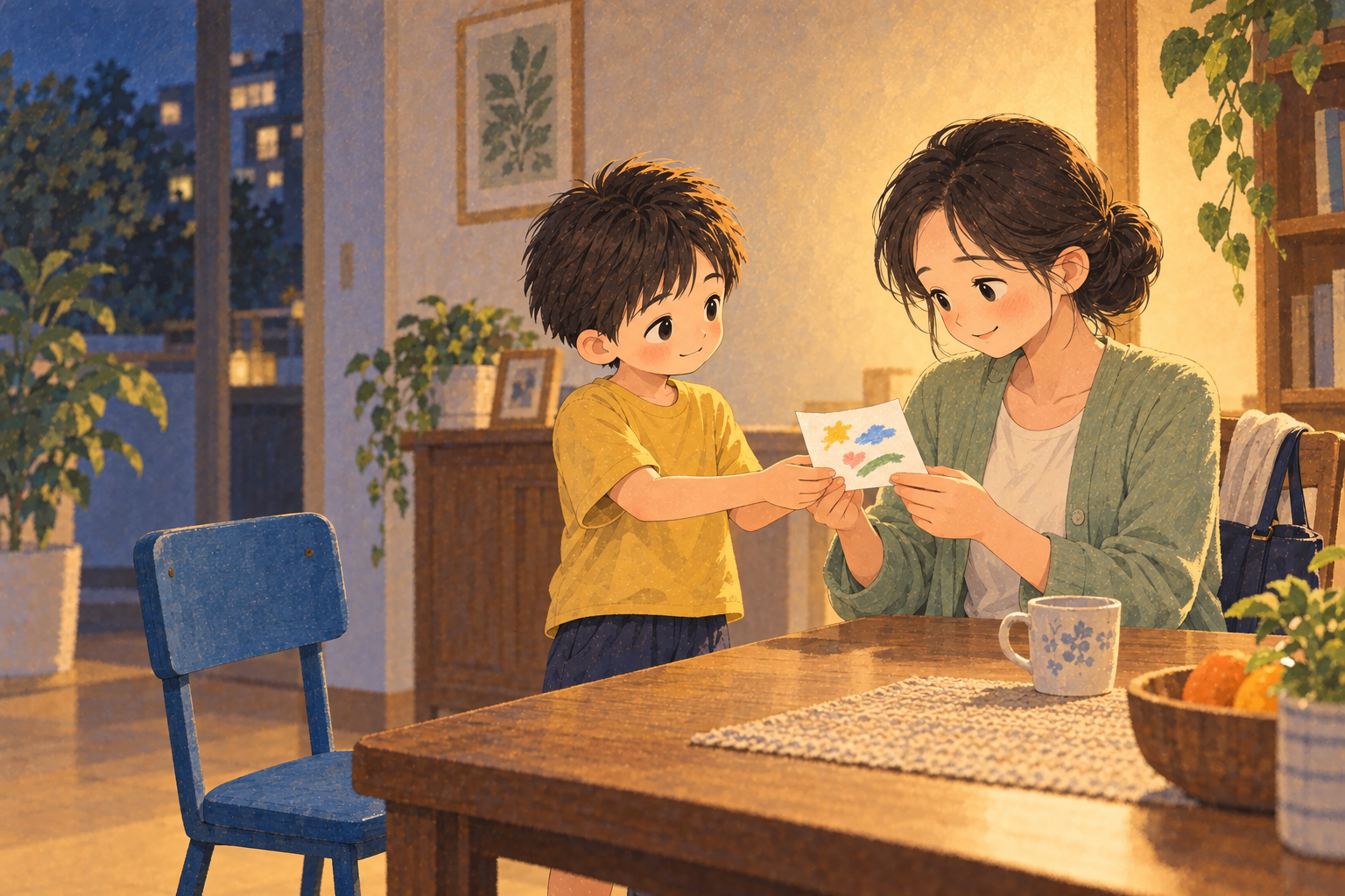 Xiao Yu sits beside Xiao Ming in an empty classroom chair scene, then a tired mother receives a note at home