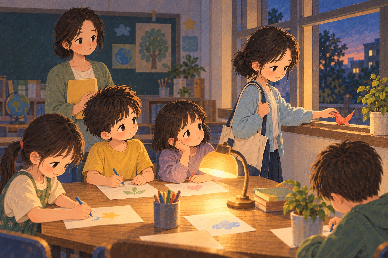 Xiao Yu places the red paper bird by the window while classmates write around the warm amber lamp