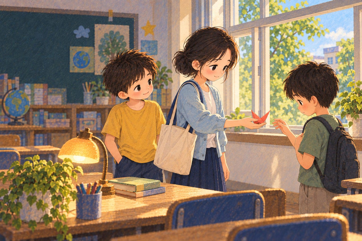 In summer light Xiao Yu offers the red paper bird to An'an by the same open classroom window